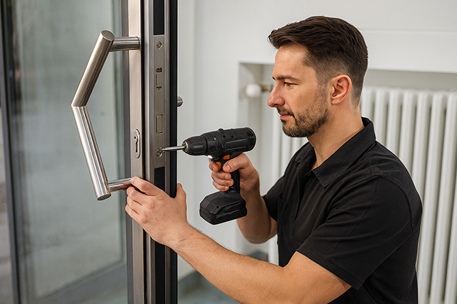 Locksmith replacing a front door deadbolt in Kirkland home