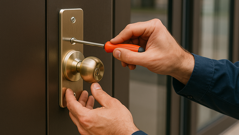 Locksmith performing preventive maintenance on business security systems.