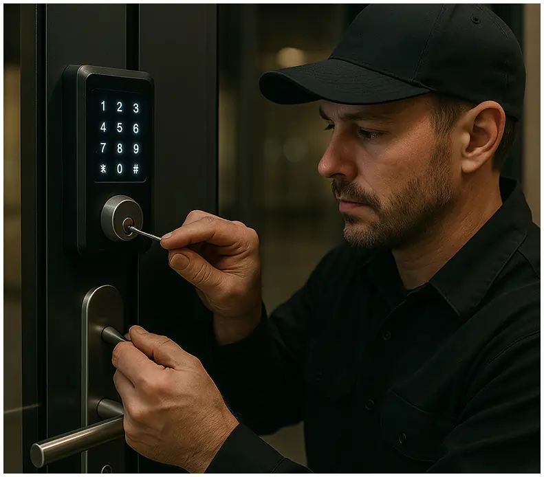 Business locksmith installing keyless access system and providing 24/7 support.