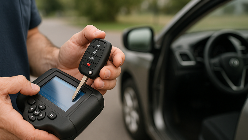 Locksmith technician programming a car key fob on-site in Des Moines WA