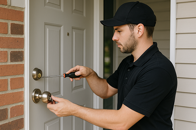 Locksmith technician rekeying front door lock at Lynnwood house